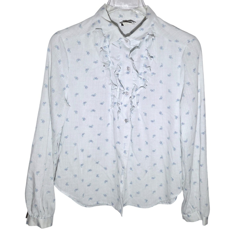 Popcorn Fashions Ruffle Blouse Womens Lg White Blue Good Vintage 70s 80s Floral